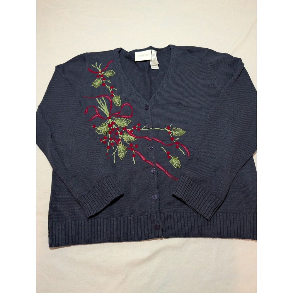 Liz Claiborne Lizsport Petite Navy Blue Christmas Holly Embroidered Cardigan PM